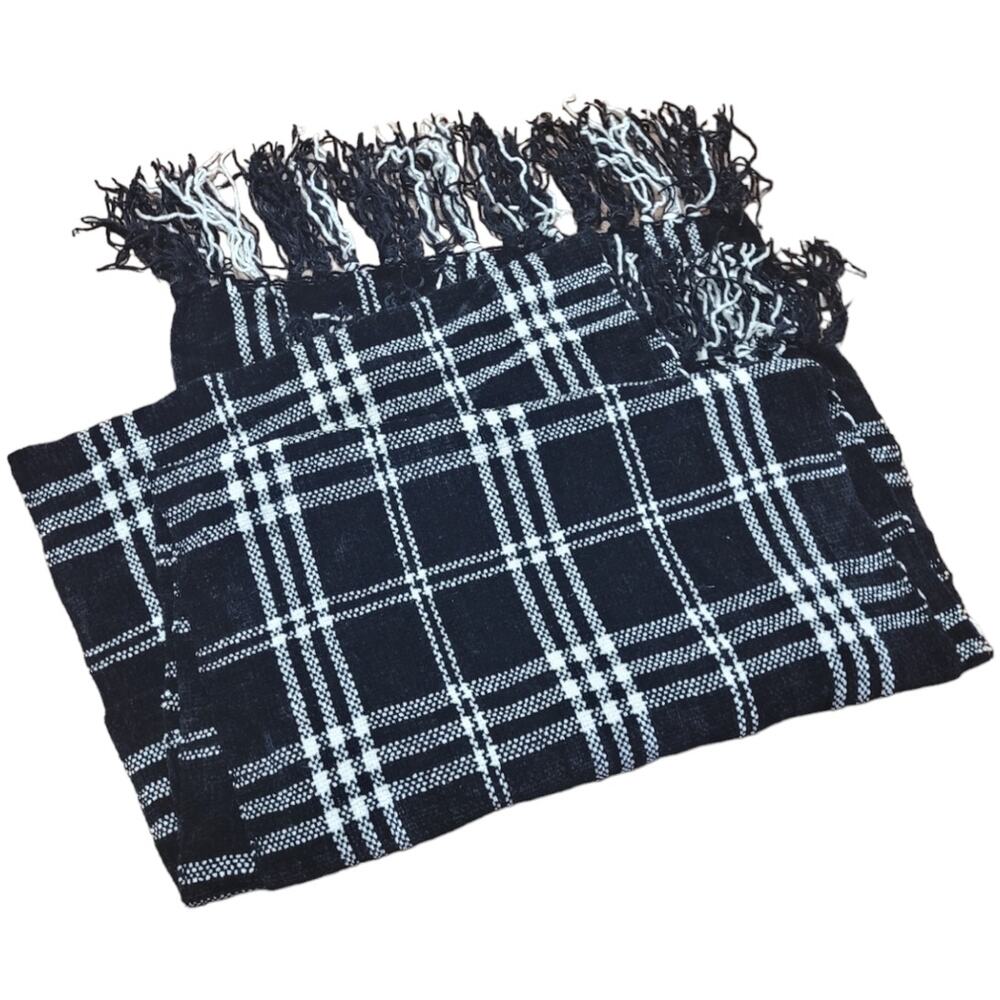 Black White Buffalo Plaid Fringe Scarf Soft Rayon Chenille Winter Wrap 64x12